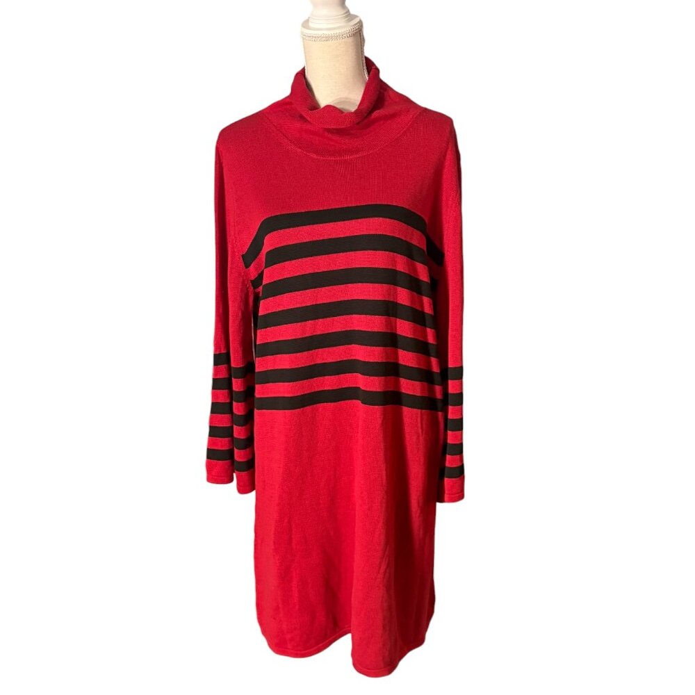 nwot J. Peterman knit sweater dress red black stripe L large turtleneck silk